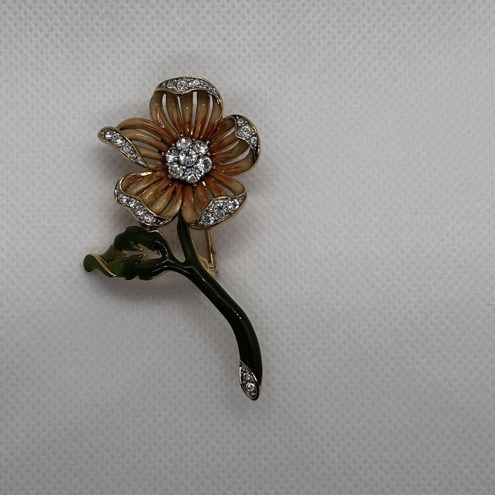 Vintage Nolan Miller Flower Brooch Pin Gold Tone Enamel Rhinestone Crystal Box - Picture 2 of 7